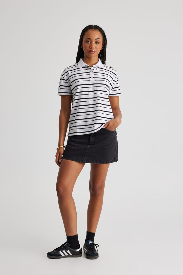Short Sleeve Polo Top, BLACK/WHITE STRIPE