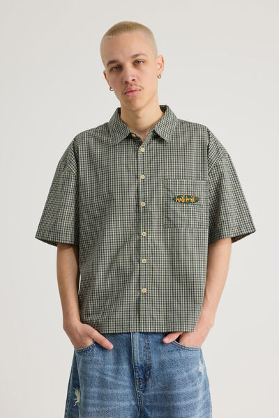 Half Half Boxy Cropped Short Sleeve Shirt, NAVY GREEN CHECK/HH PILL
