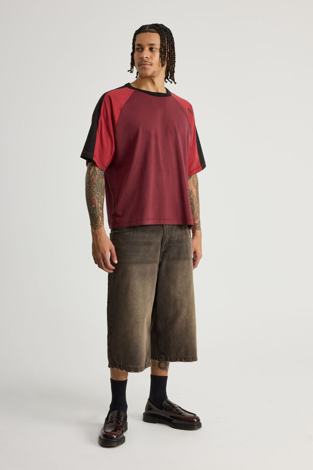 Notion Boxy Cropped Raglan Tshirt, NTN WASHED TUSCAN RED/ BORDEAUX NOTION BADGE