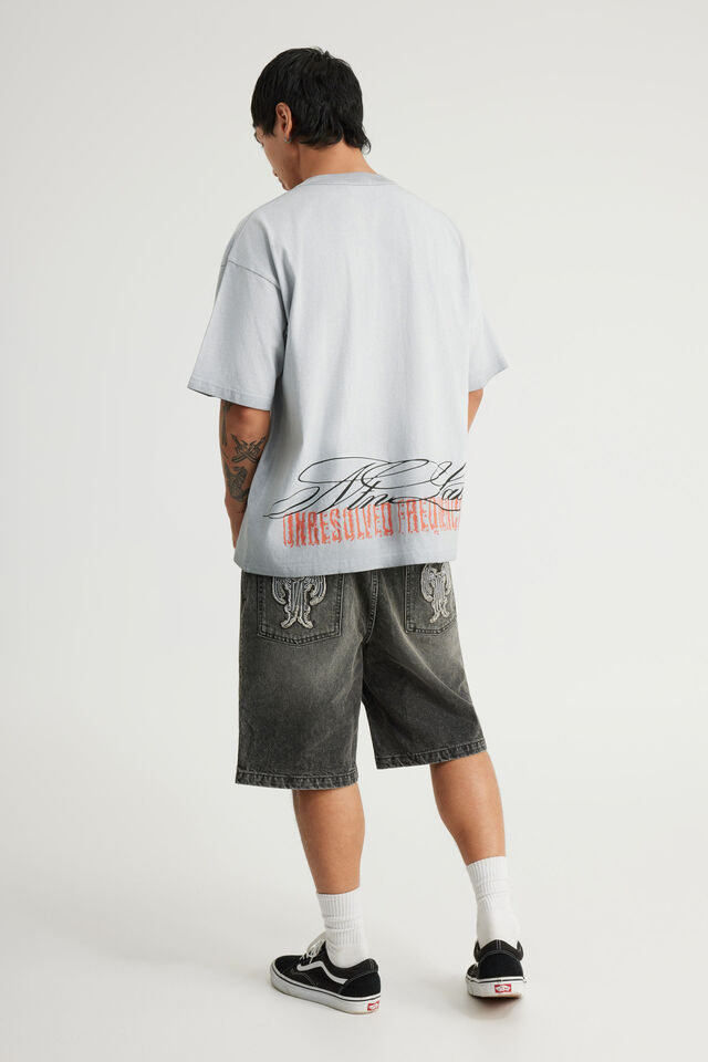Notion Baggy Denim Short, SMOKEY GREY/RAW EDGE APPLIQUE