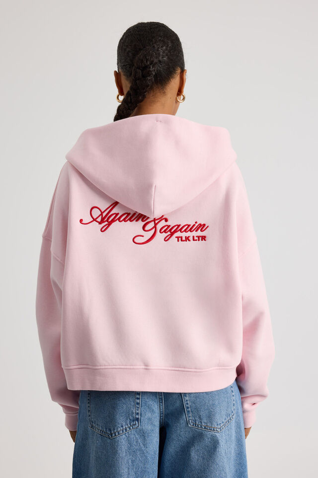Stormy Zip Through Hoodie, PARFAIT PINK/TLK LTR AGAIN & AGAIN