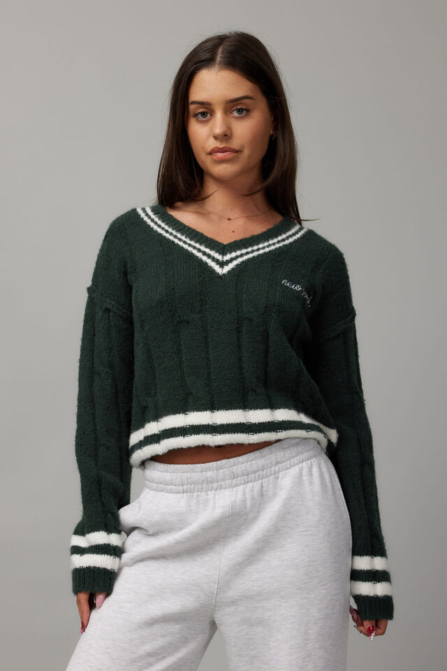 Addison Cable V Neck Jumper, IVY GREEN/NEW YORK