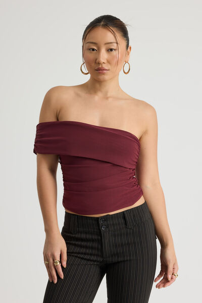 Mesh One Shoulder Top, BORDEAUX
