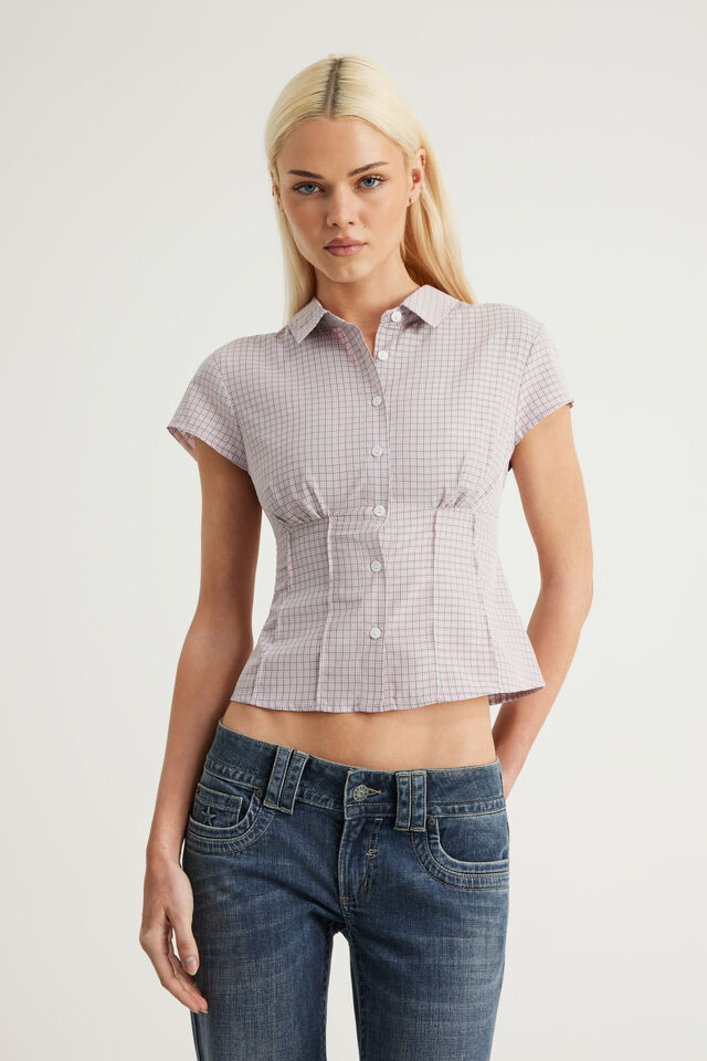Short Sleeve Fitted Shirt, PINK CHECK