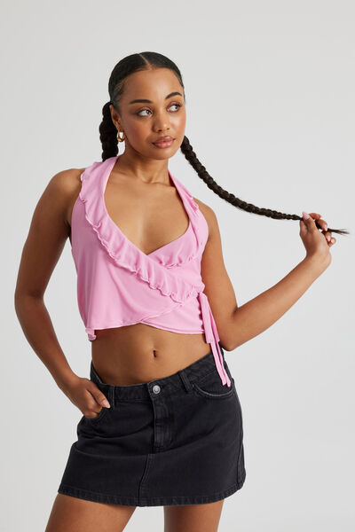 Piper Mesh Wrap Halter Top, PINK