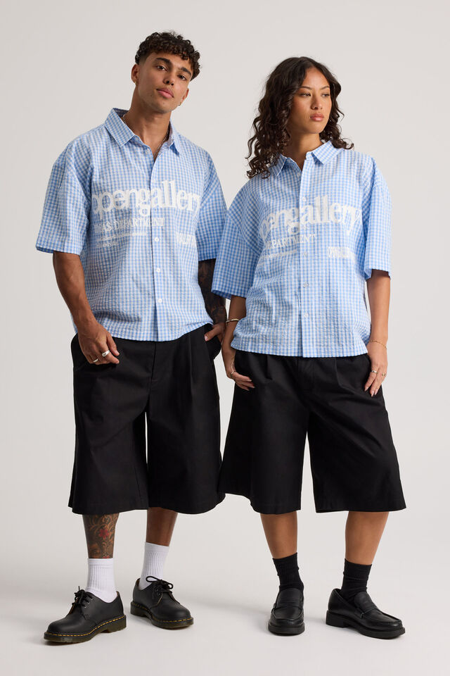 Open Gallery Boxy Cropped Short Sleeve Shirt, OG FRESH CHECK/TEXT