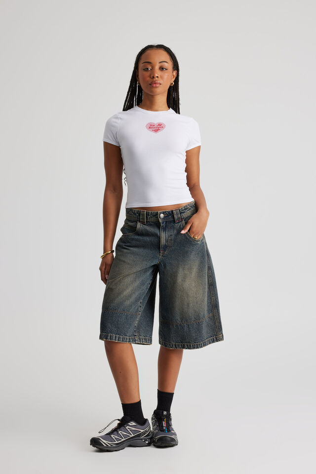 Fitted Baby Tee, WHITE/NOT INTERESTED