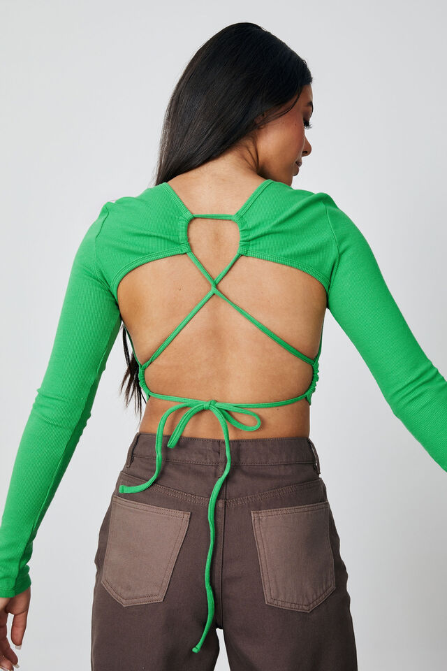 Tie Up Open Back Long Sleeve, GREENBRIAR