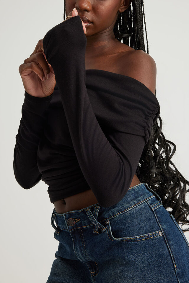 Off Shoulder Long Sleeve Top, WASHED BLACK