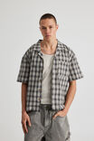 Boxy Cropped Short Sleeve Shirt, BLACK GREY CHECK - alternate image 1