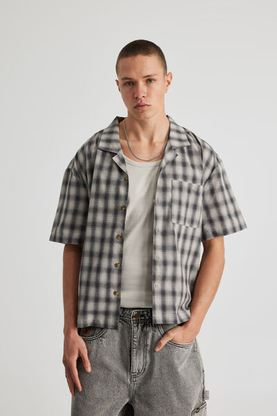 Boxy Cropped Short Sleeve Shirt, BLACK GREY CHECK