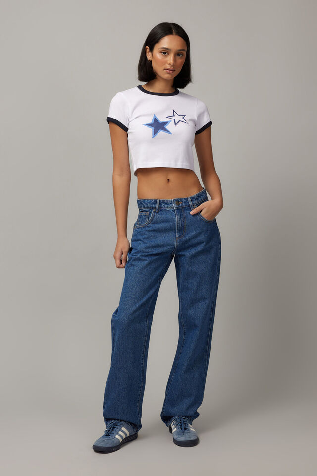 Cropped Fitted Graphic Tee, WHITE/STARS