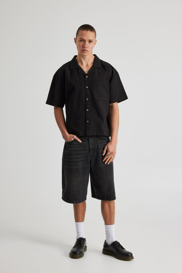 Boxy Cropped Short Sleeve Shirt, BLACK OXFORD