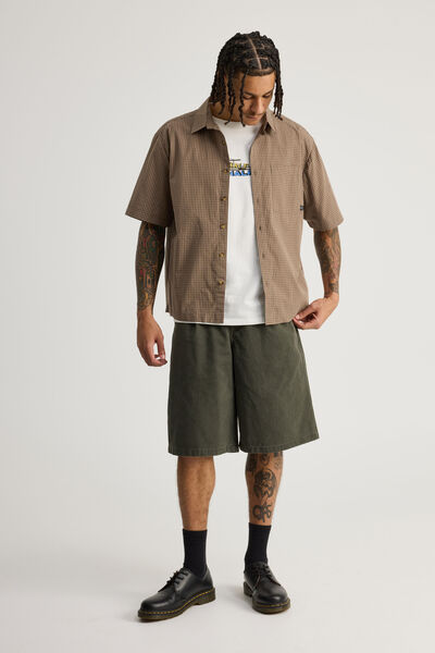 Half Half Pleated Woven Short, DEEP KHAKI