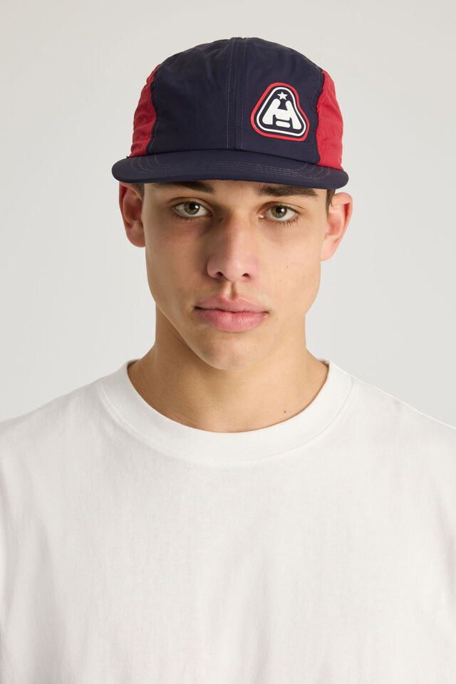 Half Half Nylon 4 Panel Cap, NAVY RED WHITE TRI STAR LOGO