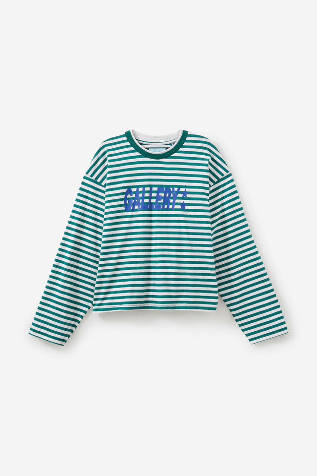 Open Gallery Cropped Long Sleeve Tshirt, OG PINE STRIPE/WOODMARK STARS