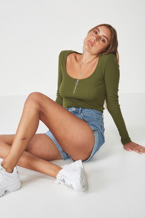 Long Sleeve Scoop Neck Henley, WINTER MOSS