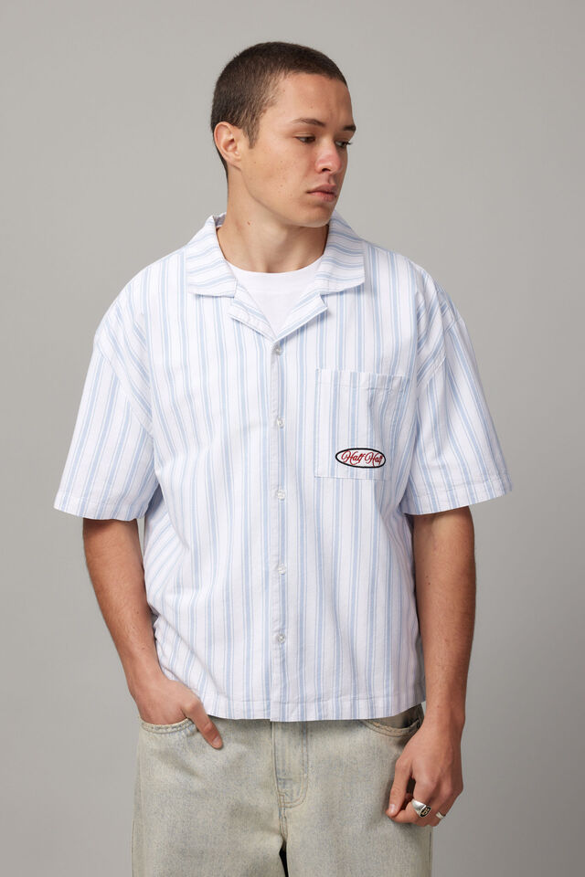 Boxy Cropped Short Sleeve Shirt, WHITE/BLUE OXFORD STRIPE