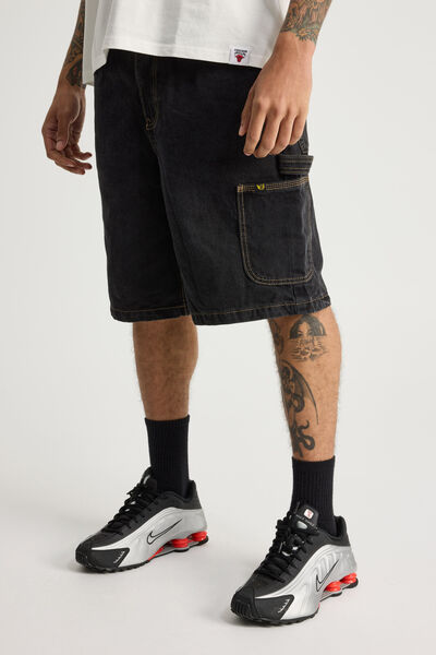 Half Half Painter Baggy Denim Short, BLACK STONE