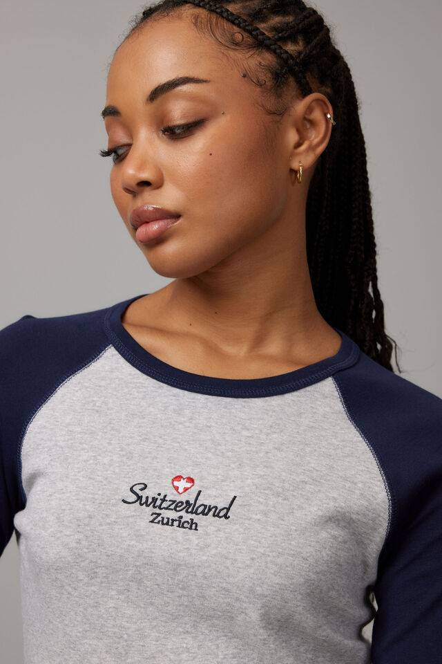 Long Sleeve Raglan Curve Hem Tee, GREY MARLE/NAVY SWITZERLAND