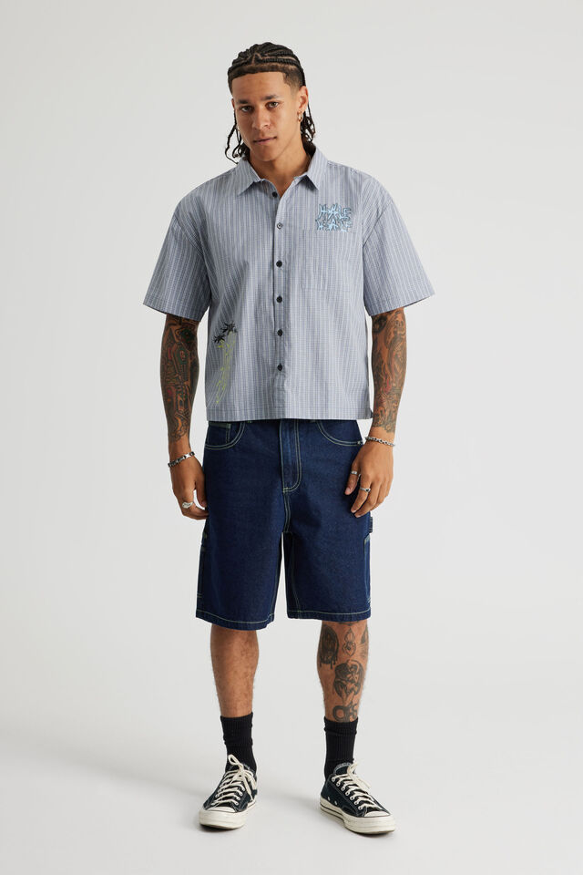 Half Half Boxy Cropped Short Sleeve Shirt, HH GREY CHECK MULTI LOGO ARTWORK