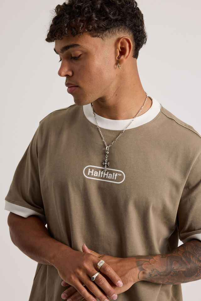 Half Half Slim Fit Ringer Tshirt, HH KHAKI MIST/CLOUD WIDE HALF HALF PILL