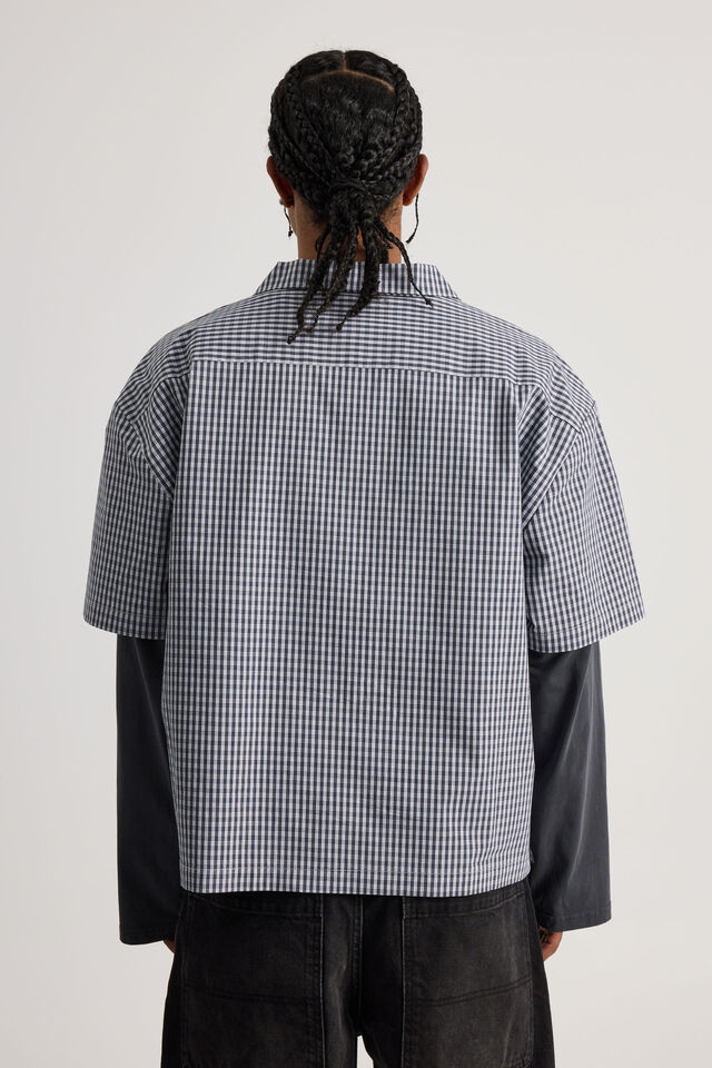 Half Half Boxy Cropped Short Sleeve Shirt, HH MIDNIGHT BLUE/CHECK