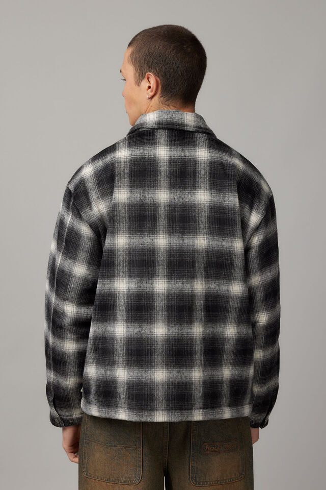Half Half Check Coach Jacket, BLACK WHITE CHECK