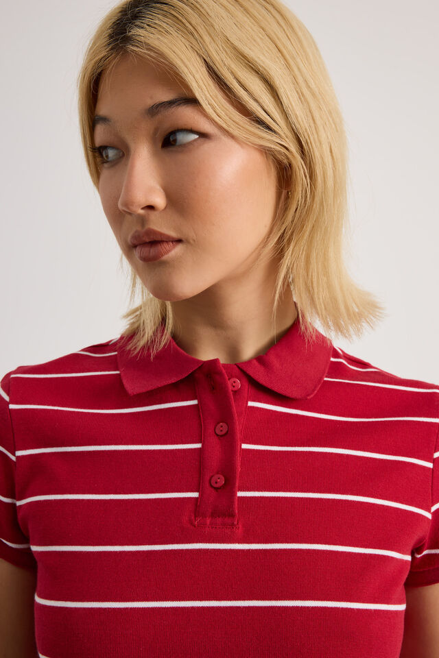 Short Sleeve Fitted Polo, LUCY PINSTRIPE/RED