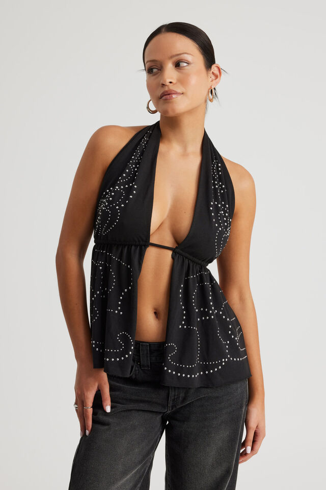 Backless Halter Tie Top, BLACK