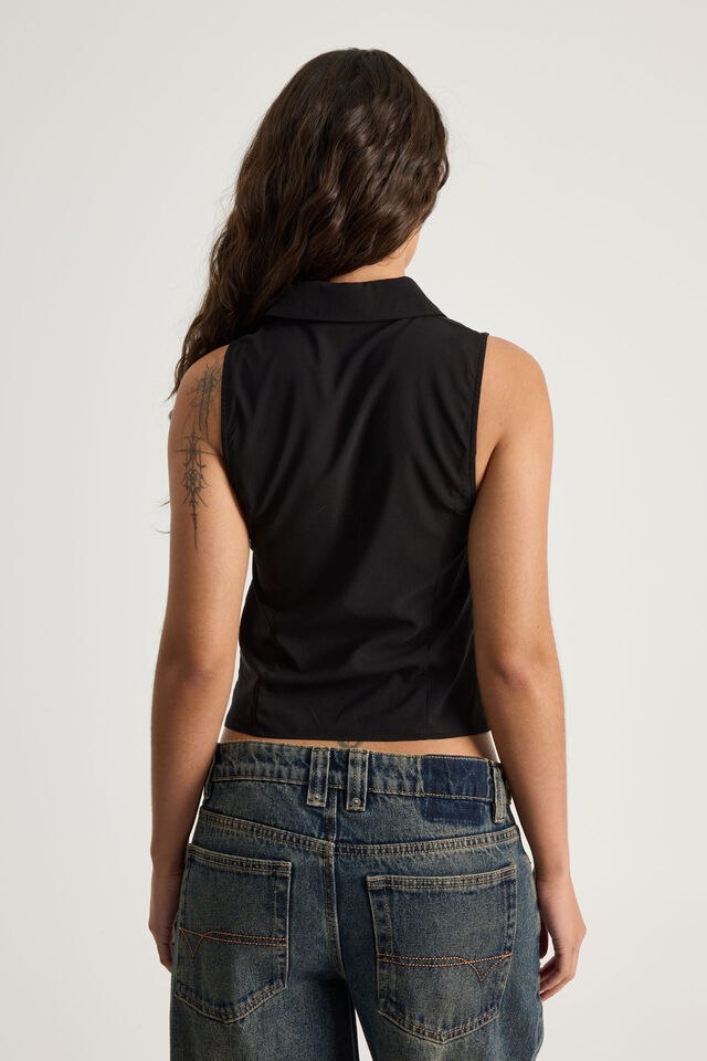 Zip Front Sleeveless Shirt, BLACK