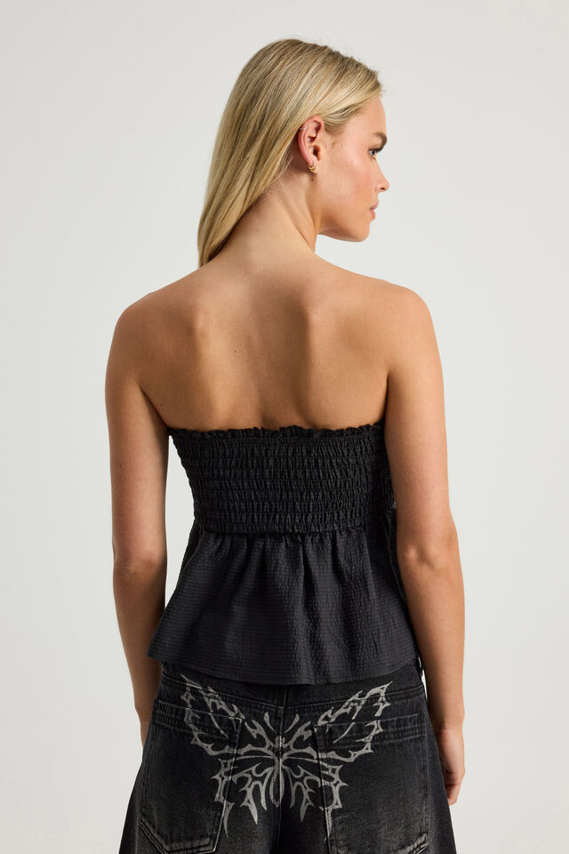 Juno Shirred Babydoll Bandeau, BLACK