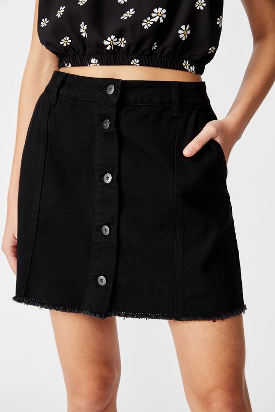 Button Thru Denim Skirt, BLACK