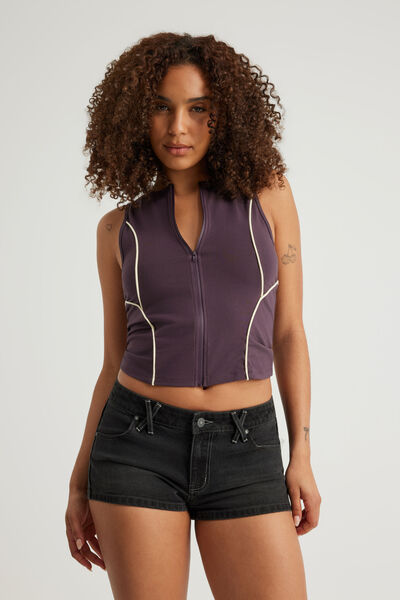 Panelled Zip Through Tank, FROZEN BERRY/BUMBLE YELLOW PIPING