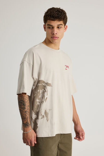 Box Fit Music Merch T Shirt, LCN BRA PEBBLE/TUPAC TONAL