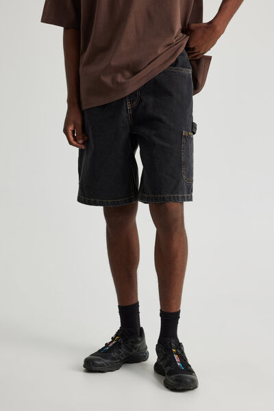 Half Half Painter Baggy Denim Short, BLACK STONE