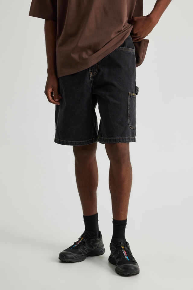 Half Half Painter Baggy Denim Short, BLACK STONE