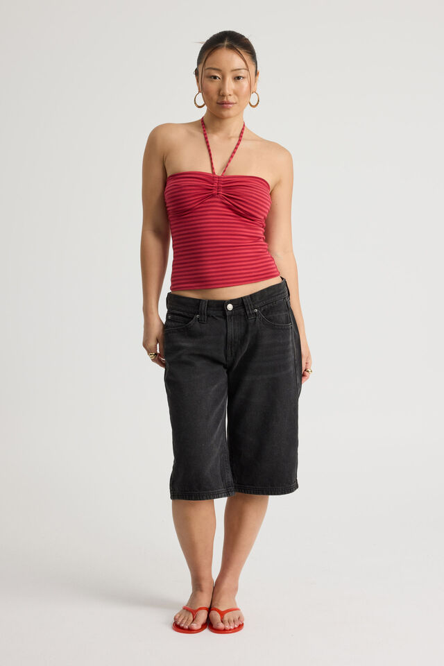 Ruched Front Bandeau Halter, RANCH RED STRIPE