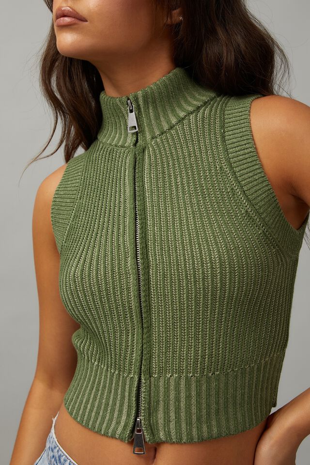 Zip Front Knit Vest, MOSS GREEN