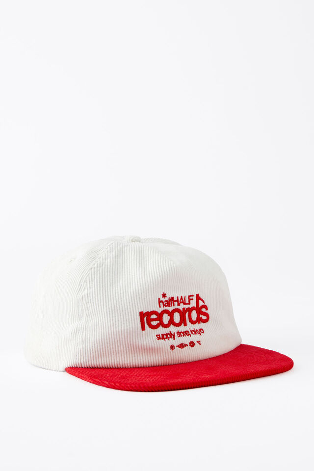Half Half 5 Panel Cap Cord, WHITE RED CORD