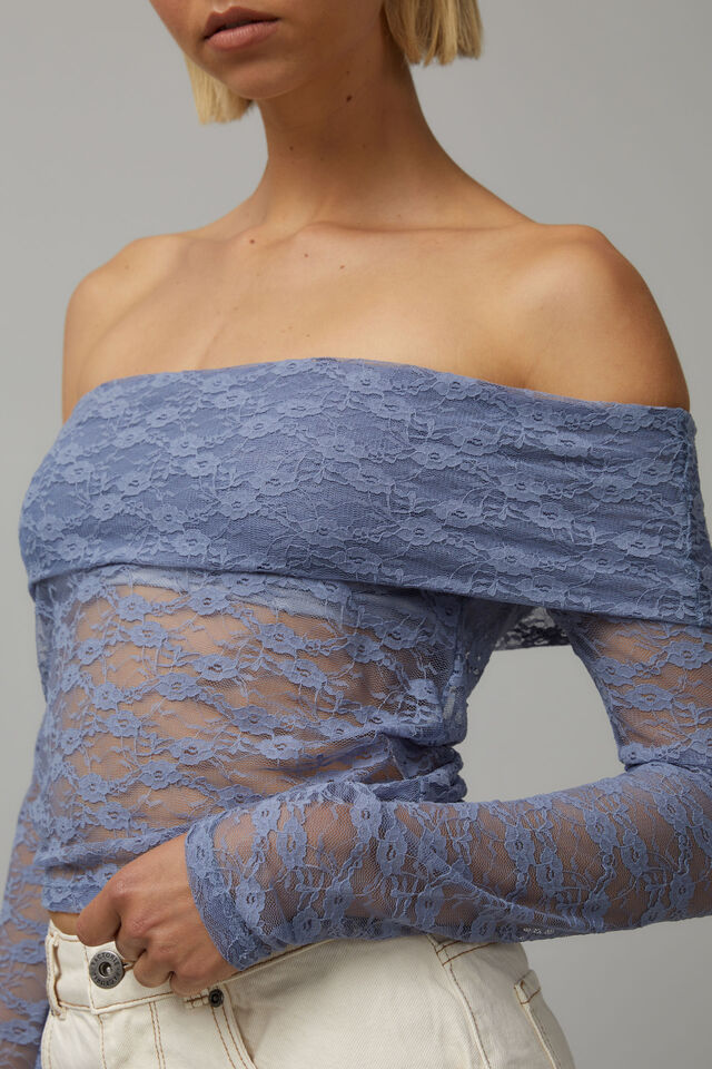 Lace Off Shoulder Long Sleeve Top, DUSTY BLUE