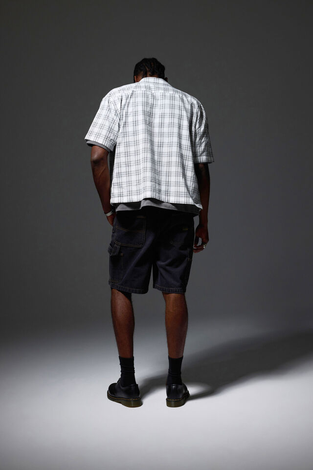 Half Half Painter Baggy Denim Short, BLACK STONE