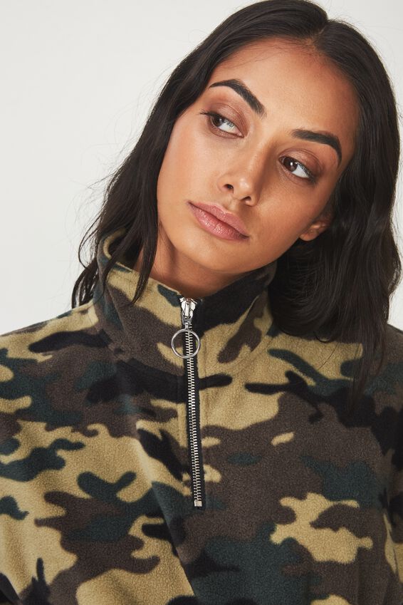 Crop Qtr Zip Polar Fleece, CAMO