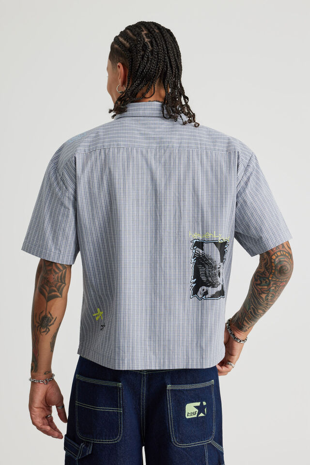 Half Half Boxy Cropped Short Sleeve Shirt, HH GREY CHECK MULTI LOGO ARTWORK