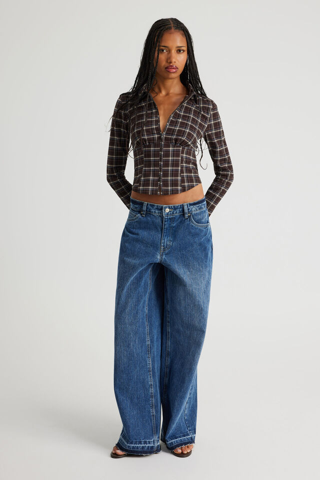 Long Sleeve Zip Through Shirt, BROWN CHECK