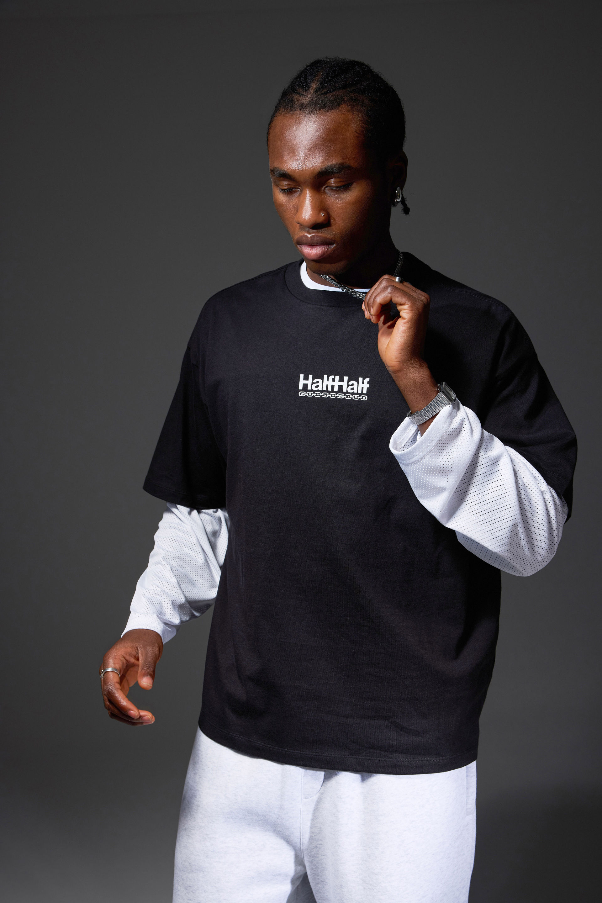 Men's Black Half Half Box Fit Graphic T Shirt | Factorie Australia