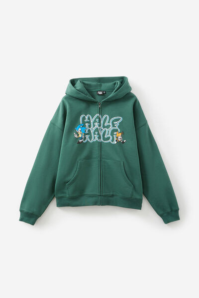 Sonic X Half Half Zip Thru Hoodie, LCN SEG WASHED GREEN/SONIC AND TAILS BUBBLE