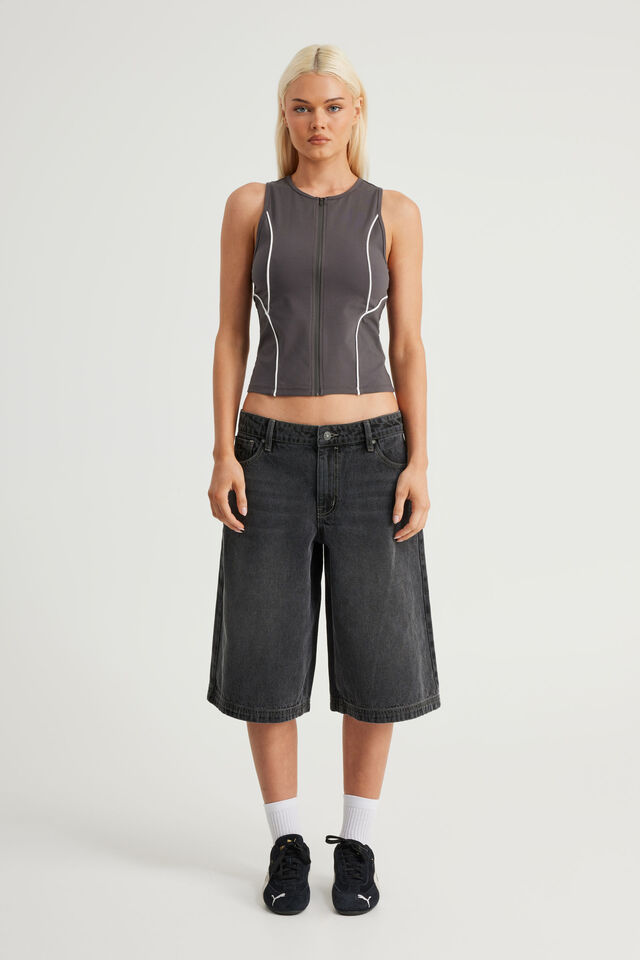Panelled Zip Through Tank, WASHED BLACK/WHITE PIPING