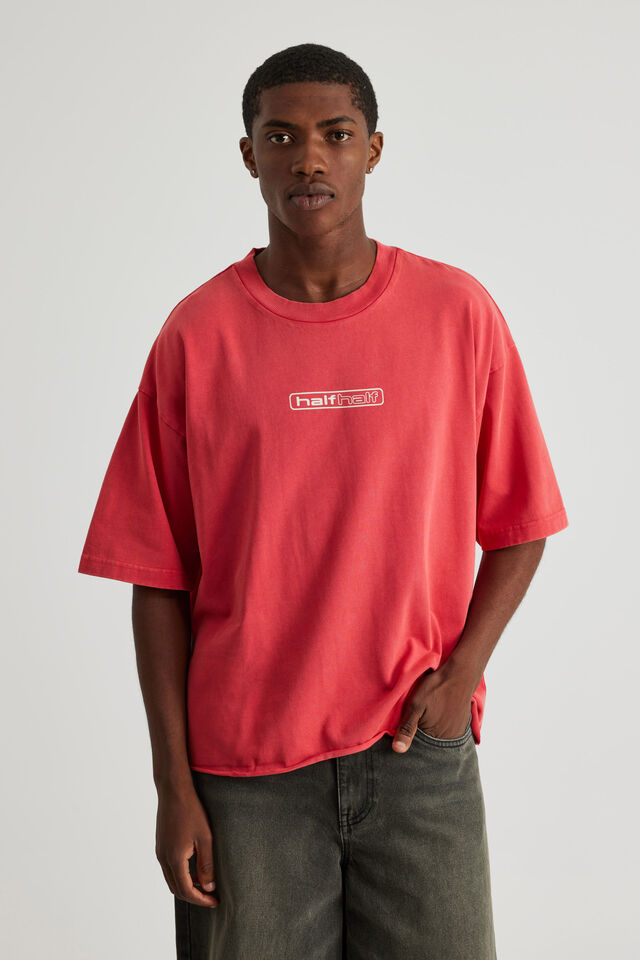 Half Half Boxy Cropped Graphic Tshirt, HH WASHED VARSITY RED/CHAINED UP