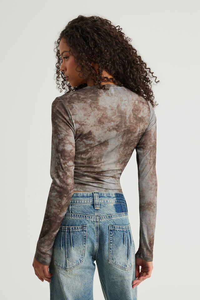 Fitted Long Sleeve Top, GREY BROWN TIE DYE